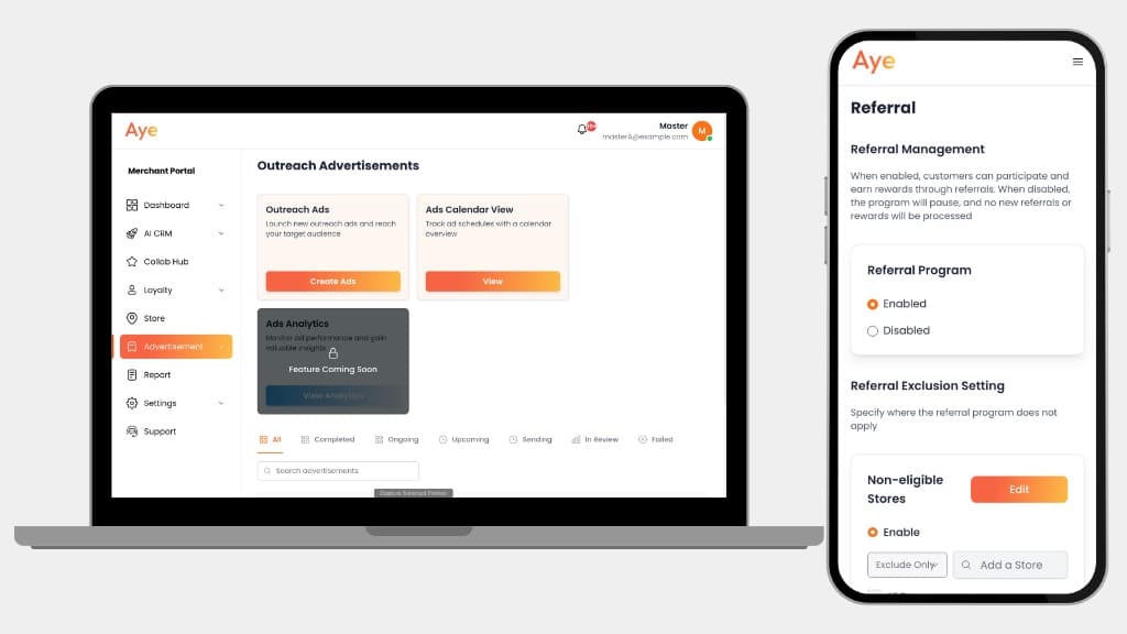 AyeFace Merchant Dashboard — Advertisements and referrals