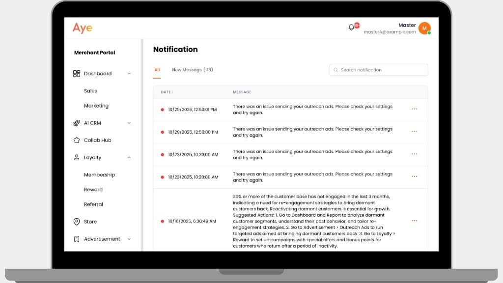 AyeFace Merchant Dashboard — Notifications