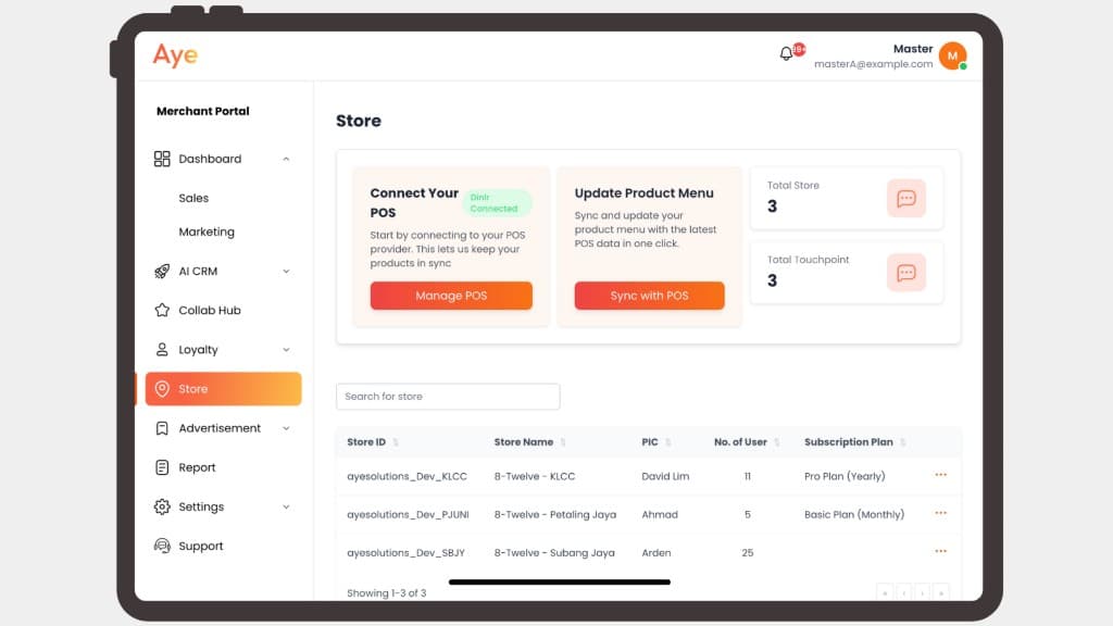 AyeFace Merchant Dashboard — Store management